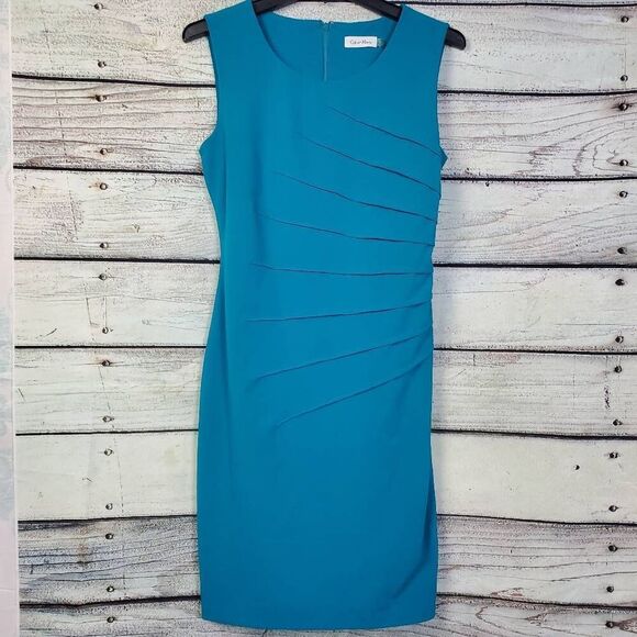 Calvin Klein Women’s Size 4 Blue Sheath Dress Sleeveless Ruched Panel Cocktail - Picture 1 of 7
